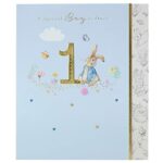 UK Greetings Peter Rabbit 1st Birthday Card for Boy - Delicate Gold Foil Design, Multi, 159x184mm