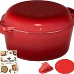 Overmont 2 in 1 Enameled Cast Iron Dutch Oven with Skillet Lid & Cookbook for Induction, Electric, Grill, Stovetop, Bread Baking (5 Quart)