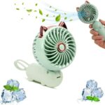 ELVYNIA Portable Hand Held Fan with Cat Ears – Mini Fan with USB Rechargeable Battery | Foldable Small Fan with 3 Speeds Levels & Wrist Band for