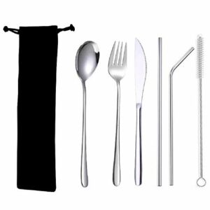 Outdoor Portable Cutlery Set 6pcs Portable Utensils Tableware Stainless Steel Camping Cutlery Set with Bag Include Knife Fork Spoon Cleaning Brus