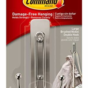 Command Large Brushed Nickel Double Hook, Decorative Hook for Indoor Use - 1 Metal Large Hook and 1 Adhesive Strip - Hang Jackets, Purses, Handba