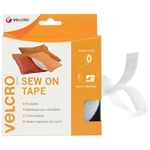 VELCRO Brand Sew On White Fabric Tape 20mm x 5m - Hook and Loop Tape Fastener Roll, Hook and Loop Tape Sew on Perfect For Sewing, Clothing, Fabri
