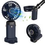 WARMFIT Handheld Fan, Portable 5000mAh USB Rechargeable Fans with 5 Speeds, Electric Powered Mini Fan with LED Display, Foldable Desk Desktop Fan