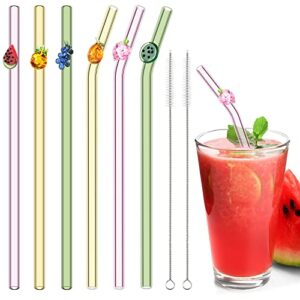 6 Pcs Glass Straws with Design Reusable Fruit Drinking Straws 7.9in x 8mm Colorful Cute Reusable Straws Fruit Party Favors Decorations and 2 Clea