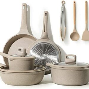 CAROTE Non Stick Pots and Pans Set, 11 Pcs Induction Cookware Set, Stackable Kitchen Cookware, Pans for Cooking, Taupe Granite
