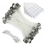ALAMANIA 10cm Long 100pcs Candle Wicks for Making Candles Pre-Waxed Wicks with Metal Tabs Includes100 Dot Stickers & 1 Stainless Steel 3 Hole Wic