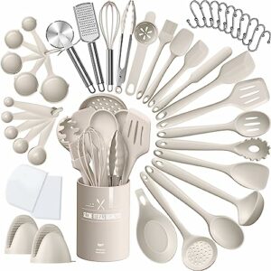 Silicone Kitchen Cooking Utensils Set, AIKKIL 43 Pcs Heat Resistant Khaki Cooking Utensils Set, Turner, Tongs, Spoon, Spatula, Kitchen Gadgets To