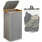 efluky Laundry Baskets with Lid Grey XL 100 Litre, Collapsible Washing Baskets for Laundry Clothes, Linen Basket with Bamboo Handles & Inner Bag