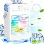 Air Cooler, ZASTION 90° Oscillating Portable Mobile Air Conditioner, 4 In 1 Mini Evaporative Coolers, Personal Desk Fan with Timer, Rainbow Light