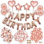 AIBEE 56pcs Birthday Party Decorations,Rose Gold Happy Birthday Balloons Banner,Fringe Curtain Foil Tablecloth Heart Star Foil Confetti Balloons