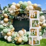120pcs Baby Shower Decorations Boy Girl - 4Pcs Transparent Balloon Boxes and 112Pcs Green White Gold Balloons Arch Kit for Sage Green Baby Shower
