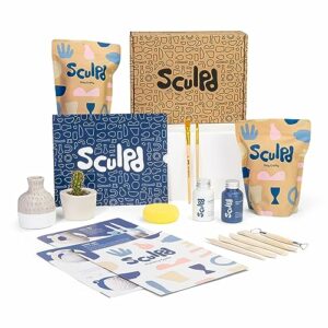 Sculpd Pottery Kit, Air-Dry Clay Starter Kit for Beginners with Gloss Varnish, Pottery Kit Includes: Paint, Tool Set, Paintbrushes, Sponge and St