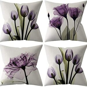 TIAODIAN Set of 4 Cushion Covers 40 x 40cm - Modern Purple Flowers Throw Pillow Covers 16x16 inches Square Decorative Pillowcases for Living Room