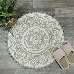 KIMODE Boho Round Rug 90cm,Grey Mandala Soft Bathroom Rug with Pom Pom Fringe, Non Slip Area Rug Fluffy for Entryway Living Room Bedroom Kids Roo