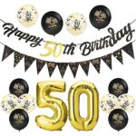 Afirbeone 50th Birthday Decorations Set, Including Black Gold Happy 50th Birthday Banner, Triangle Flag Banner, Confetti Latex Balloons and Alumi