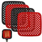 4 Pcs Reusable Air Fryer Liners, AIFUDA 8.5 inch Square Silicone Mats for Air Fryer Baking Steaming Cooking (Red+Black)