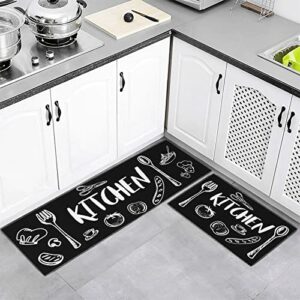 LXTOPN Anti Fatigue Kitchen Mat, 2pcs Washable Kitchen Floor Rug Set, Non Slip Waterproof Geometric Kitchen Runner Rug for Kitchen Bedroom (Black
