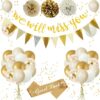 We Will Miss You Banner Gold Sand White Party Decorations with Good Luck Balloons Gold Triangle Flag Banner Confetti Balloon for Retirement Gradu