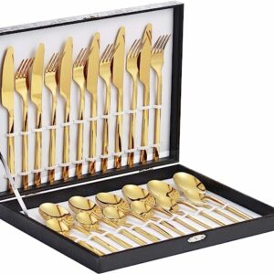 Velaze 24-Piece Gold Silverware Set Cutlery Set, Stainless Steel Utensils Service for 6 Person Include Dinner/Tea Spoon, Dinner Fork/Knife Mirror