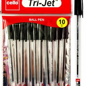 Cello Tri-Jet Ballpoint Pens Extra Grip Medium Point Biros (1.0 mm) - Black Pens, Pack Of 10
