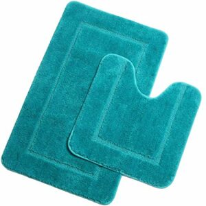 Pauwer Non Slip Bath Mat Set 2 Piece Shaggy Microfiber Machine Washable Bath Mats with Toilet Rug Absorbent Soft Shower Rug for Bathroom (Turquoi