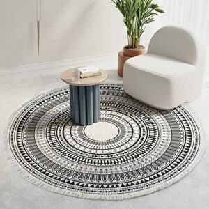 Round Rug Black and White Circle Rug 90cm Cotton Area Rug Hand Woven Washable Carpet with Tassels for Living Room Hallway Bedroom Outdoor