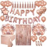 Areebz 82pc Rose Gold Birthday Party Decorations, Happy Birthday decoration banner Latex Confetti Star Heart foil Balloons tassel curtain tablecl