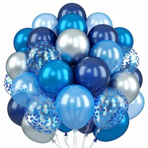 60Pack Blue and Silver Balloons, Navy Pearl Blue Party Balloon with Metallic Silver Blue Confetti Helium Latex Balloons, Dark Blue Silver Balloon