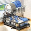 SAYZH Dish Drainer Rack, Detachable 2 Tier Dish Draining Rack and Drain board Set, Large Capacity Dish Drainer Organizer Shelf with Utensil Holde