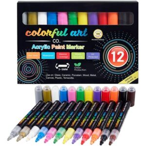 Colorful Art Co. Acrylic Paint Pens – 12 Pack of Permanent, Waterproof Markers w/ Reversible Brush Tips for Kids and Adults for Rocks, Wood, Glas