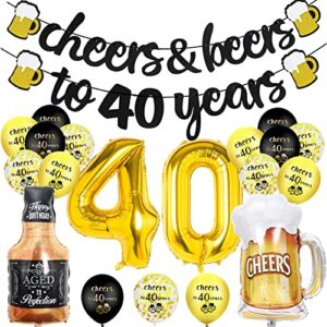 40th Birthday Decoration, 40th Birthday Balloons with Cheer Banner, 40Inch Number 40 Foil Balloons, 40th Sign Black Gold Balloons Champagne Cups