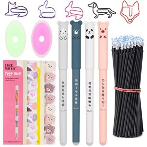 33Pcs Cute Pen Set, 0.35mm Cartoon Animal Erasable Black Ink Gel Pen with Pen Refills, Self-Stick Page Flags Cat Paper Clips and Erasers for Kids