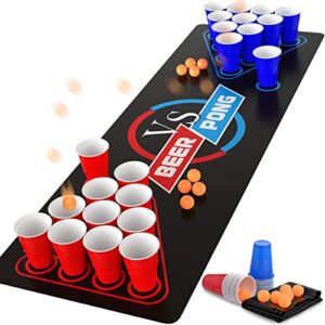 Cieex Beer Pong Set Include 1 Beer Pong Table Mat Party Plastic Cups (15 Blue & 15 Red) 8 Ping Pong Balls Fun Adult Drinking Game for Party Festi
