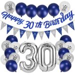 Afirbeone 30th Birthday Decorations for Men Women Navy Blue and Silver, Happy 30th Birthday Banner, Triangle Flag Banner, Confetti Latex Balloons