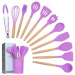 Silicone Cooking Utensils Kitchen Utensil Set, 12 Pieces Natural Wooden Handles Cooking Tool BPA Free Non Toxic Silicone Turner Tongs Spatula Spo
