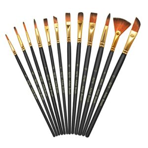 Skaaisont PaintBrushes,12 Pcs Set, Multiple sizes Nylon Hair Brush Wooden Pen Body, Suitable for Model, Art, Acrylic, Watercolour, Oil and Gouach