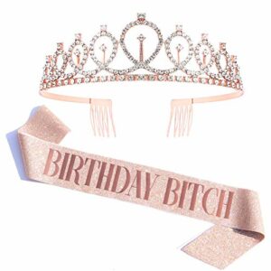 RosewineC Birthday Sash Rhinestone Birthday Crown Women Girls Birthday Tiara,Birthday Gifts for Women Birthday Party Supplies( Birthday Bitch)