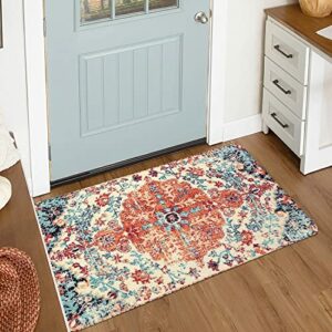 KIMODE Small Indoor Area Rugs 60 * 90cm,Oriental Distressed Boho Floral Medallion Bath Rug,Faux Wool Soft Non-Slip Washable Low-Pile Carpet for B