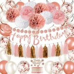 Rose Gold and Pink Birthday Party Decorations Set with Happy Birthday Banner,DIY Cake Topper,Circle Dots Garland,Hanging Swirls,Tissue Paper Pomp