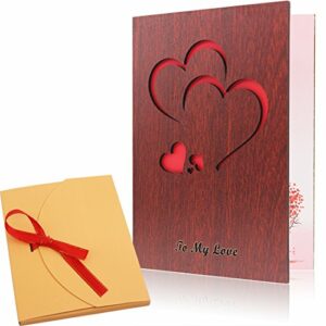 Creawoo Handmade Walnut Wood Love Greeting Card Unique Card Box Idea Greeting Card for Valentine's Day, Birthday Anniversary with Hollow Carved D