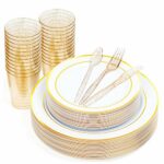 MATANA - 150pc Premium Multi-Use Dinner Tableware Set - Gold Glitter Cups, Cutlery, Dinner & Dessert Plates for Wedding Anniversary Barbecue and