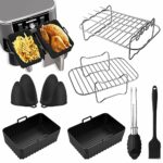 Air Fryer Accessories for Ninja Foodi AF400UK 300UK, 12 PCS Reusable Silicone Dual Air Fryer Liners, Air Fryer Baskets, Grilling Rack, Skewers, G