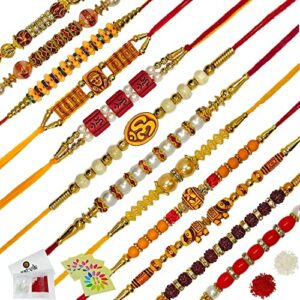 Craftsman Set of 12 Pc Rakhi for Brother Bhaiya Bhabhi Traditional Handmade Premium Quality Round Jerkan Stone Designer Rakhi Set with Roli Chawa