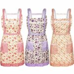 Syhood 3 Pieces Kitchen Floral Aprons Soft Flower Aprons Women Chef Aprons Adjustable Cooking Aprons with Pockets for Kitchen Cooking Baking Gard