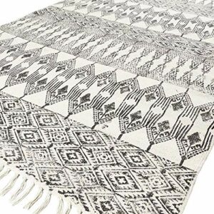 Eyes of India - 8 X 10 ft Black White Cotton Block Print Area Dhurrie Rug Flat Weave Woven Tassel Boho Chic Indian Bohemian Accent Handmade Handw