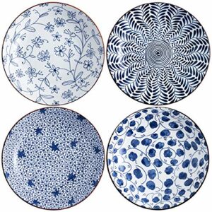 Swuut Ceramic Pasta Bowls Set,Blue and White Salad Bowl 20cm Dinner Shallow Plates Set of 4,Serving Appetizer Dessert Snack (8 Inch x 4pcs)