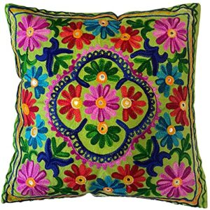 Original Kikan Suzani Multi Colour Embroidery - 16"x16" 40x40cm Indian Ethnic Cushion Covers (Green)