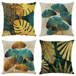 BCKAKQA 4 Pack Cushion Covers 60cm x 60cm Green Gold Leaves Throw Pillow Covers 24 x 24 inch Linen Square Throw Pillow Case for Living Room Sofa