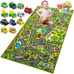 JOYIN Kids Play Rugs with 12 Pull-Back Vehicle Set, Durable Kids Carpet Playmat Rug, City Pretend Play, Toddler Car Track Rug